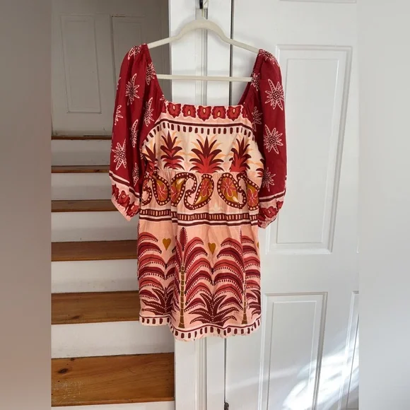 Farm Rio Anthropologie Square Neck Mini Dress, size M, Linen Blend - Picture 2 of 4